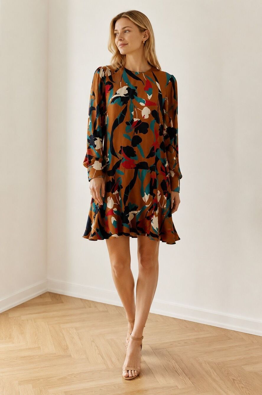 CHRISTY LYNN Silk Floral Dress Size Medium Drop Waist Luxury Brown Red Teal - Picture 15 of 16